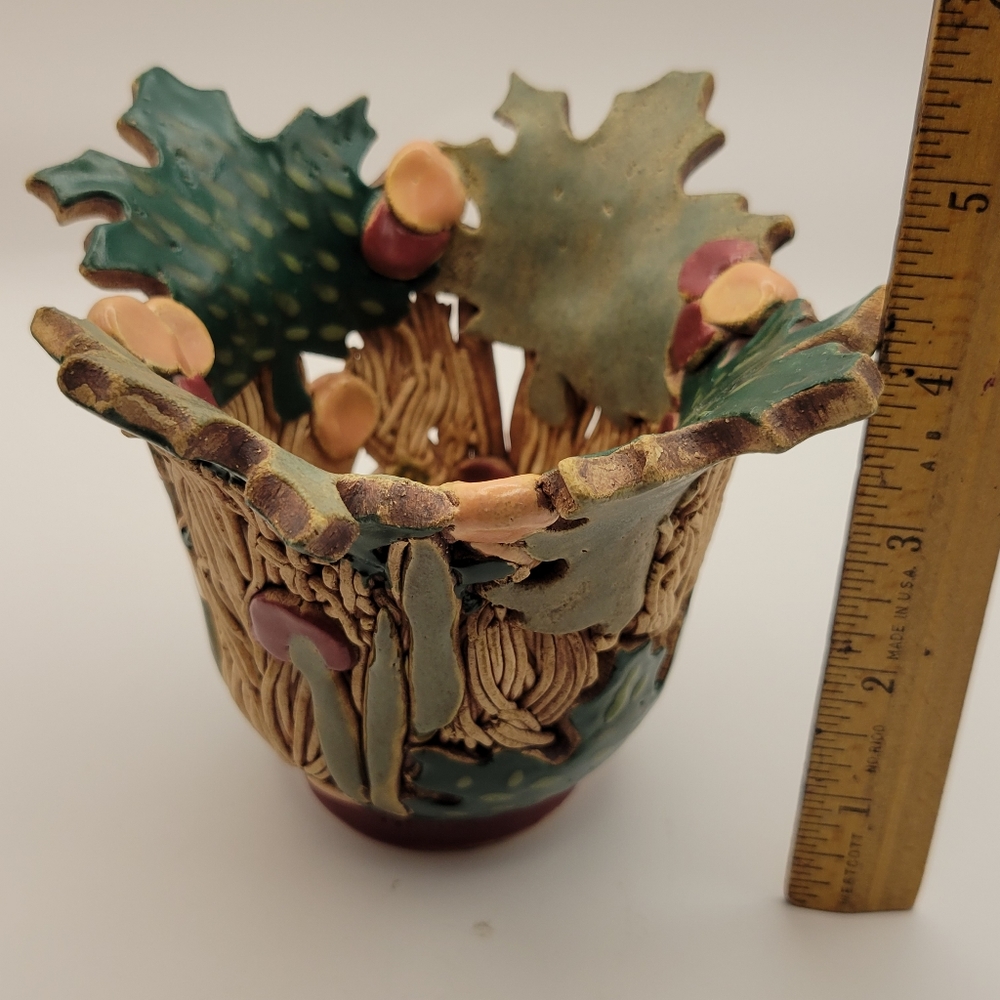Handmade Art Pottery Candle Holder. Artist Signed. Woodland Design. - Picture 12 of 13